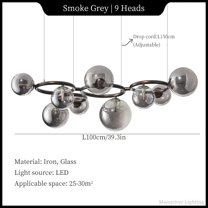 Chandelier with 9 heads in smoke grey color, featuring dimensions and material details.
