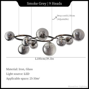 Chandelier with 9 heads in smoke grey color, featuring dimensions and material details.