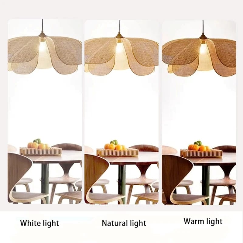 Three vertical panels show a pendant light fixture in different lighting conditions: White light, Natural light, and Warm light. The fixture has a woven natural-fiber shade with a glowing bulb inside.