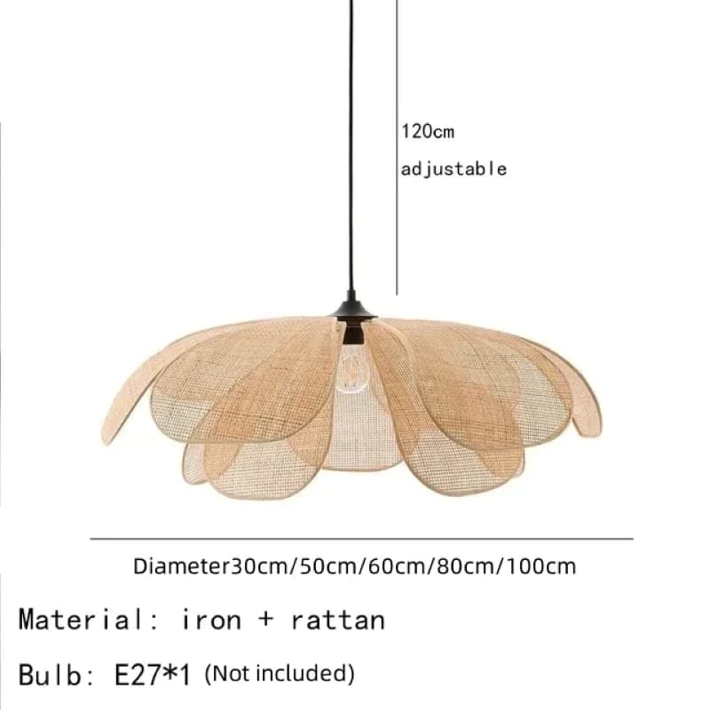 Pendant light fixture with a natural rattan flower-like shade on a black iron frame, shown with dimension labels: 120cm adjustable height and shade diameter options from 30cm to 100cm. Text below notes material as iron + rattan and bulb not included.
