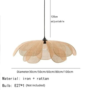Pendant light fixture with a natural rattan flower-like shade on a black iron frame, shown with dimension labels: 120cm adjustable height and shade diameter options from 30cm to 100cm. Text below notes material as iron + rattan and bulb not included.