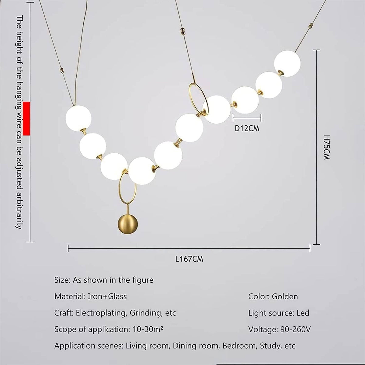 Industrial Pendant Light 10 Lights Pearl Necklace Glass Ball