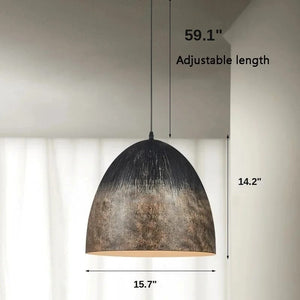 Pendant light with a dark textured dome shade, shown hanging in a room with dimension labels indicating 59.1 inches adjustable length, 14.