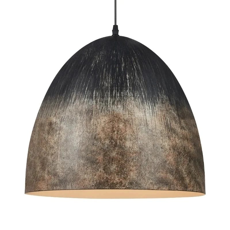 Distressed black and brown pendant light on a white background