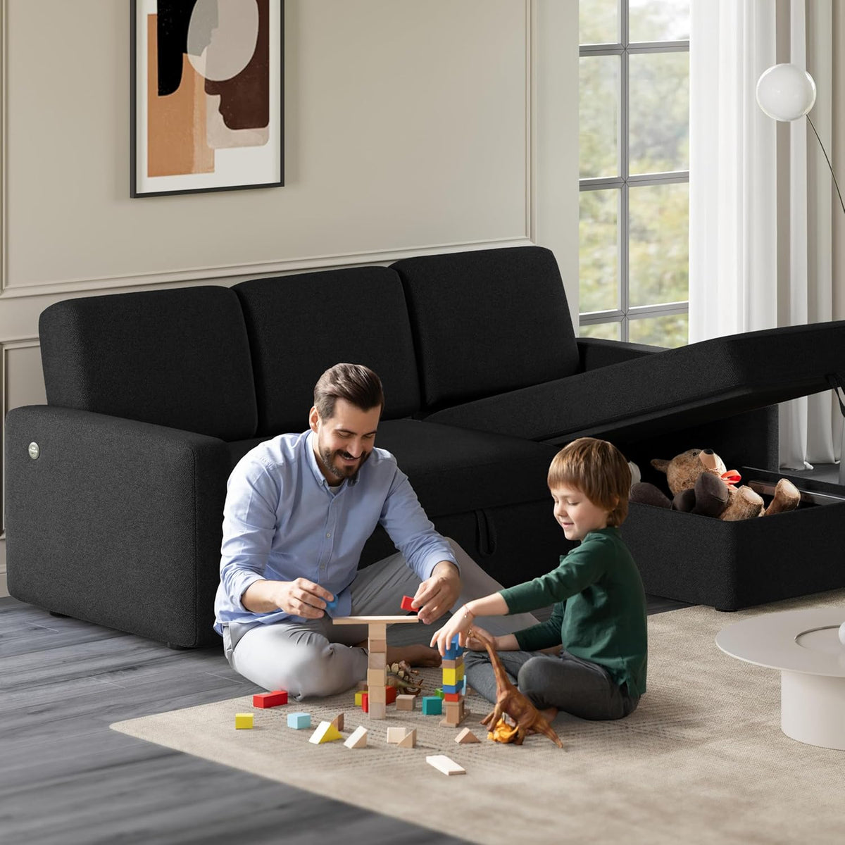 Sectional Sofa L-Shaped Sofa Couch Bed w/Chaise & USB, Reversible Couch Sleeper w/Pull Out Bed & Storage Space Living Room Black | bright&plus.