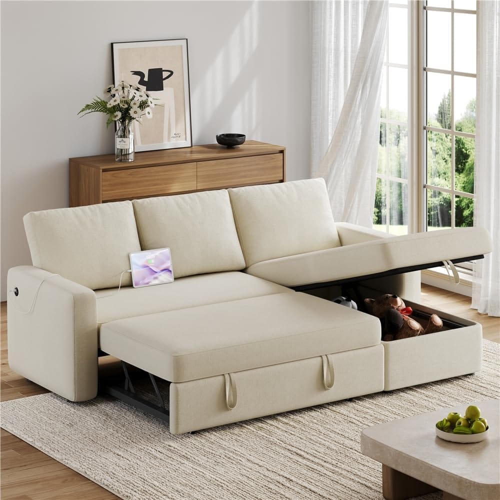 Sectional Sofa L-Shaped Sofa Couch Bed w/Chaise & USB, Reversible Couch Sleeper w/Pull Out Bed & Storage Space Living Room Black | bright&plus.