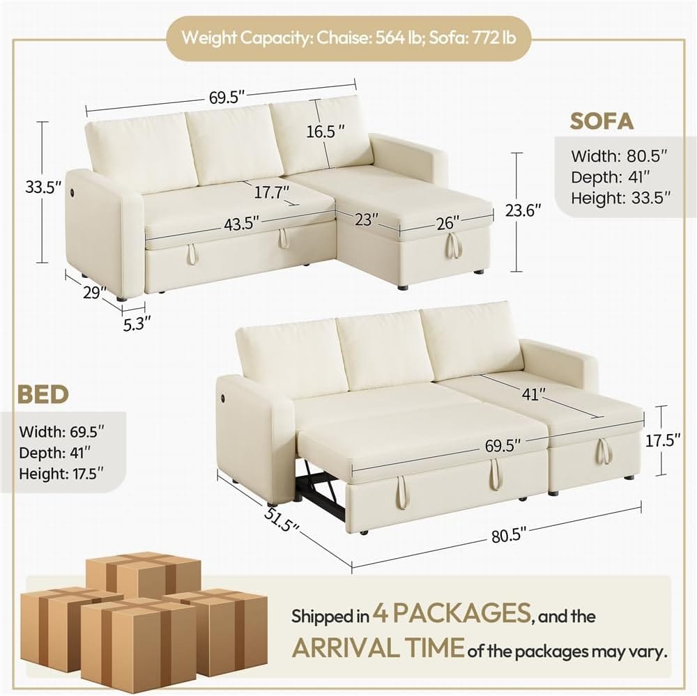 Sectional Sofa L-Shaped Sofa Couch Bed w/Chaise & USB, Reversible Couch Sleeper w/Pull Out Bed & Storage Space Living Room Black | bright&plus.