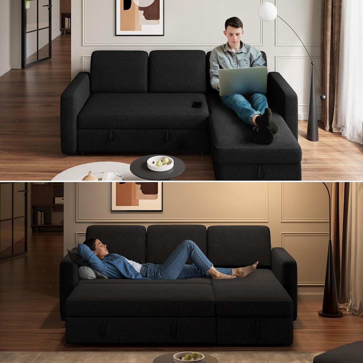 Sectional Sofa L-Shaped Sofa Couch Bed w/Chaise & USB, Reversible Couch Sleeper w/Pull Out Bed & Storage Space Living Room Black | bright&plus.