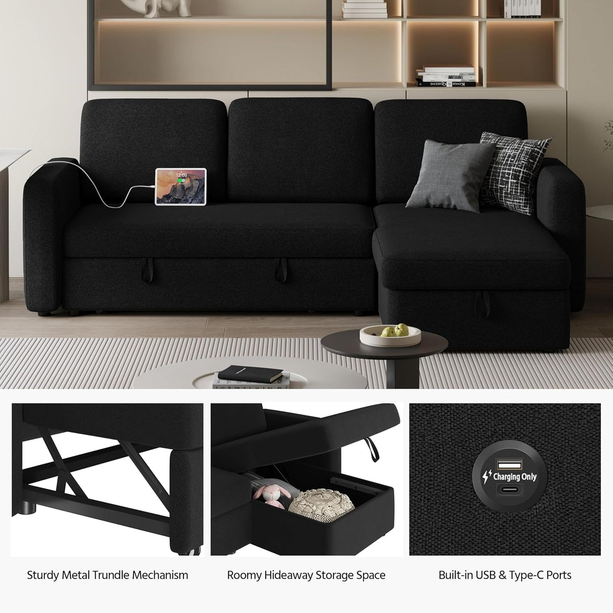 Sectional Sofa L-Shaped Sofa Couch Bed w/Chaise & USB, Reversible Couch Sleeper w/Pull Out Bed & Storage Space Living Room Black | bright&plus.