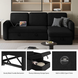 Sectional Sofa L-Shaped Sofa Couch Bed w/Chaise & USB, Reversible Couch Sleeper w/Pull Out Bed & Storage Space Living Room Black | bright&plus.