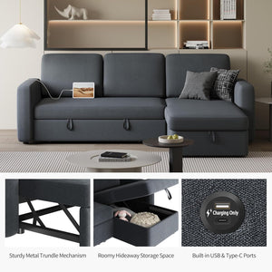 Sectional Sofa L-Shaped Sofa Couch Bed w/Chaise & USB, Reversible Couch Sleeper w/Pull Out Bed & Storage Space Living Room Black | bright&plus.