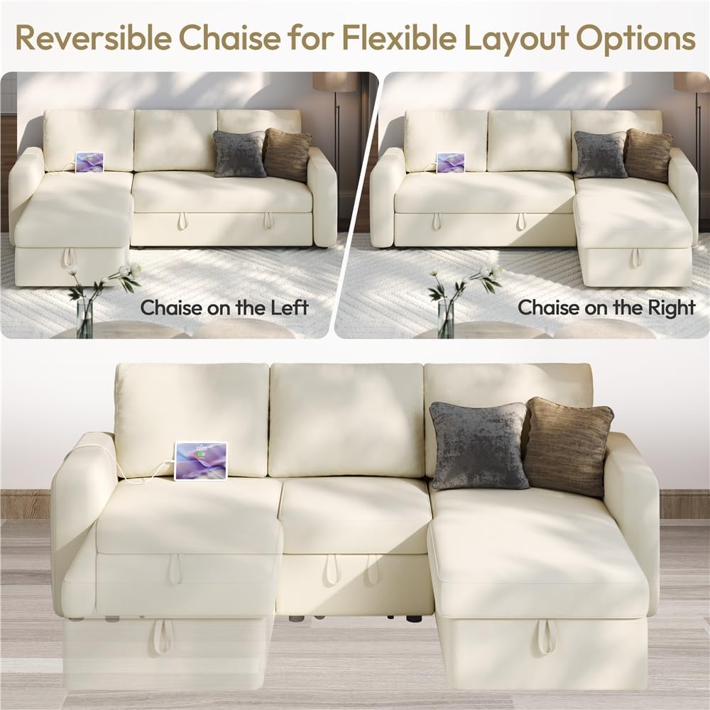Sectional Sofa L-Shaped Sofa Couch Bed w/Chaise & USB, Reversible Couch Sleeper w/Pull Out Bed & Storage Space Living Room Black | bright&plus.