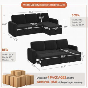 Sectional Sofa L-Shaped Sofa Couch Bed w/Chaise & USB, Reversible Couch Sleeper w/Pull Out Bed & Storage Space Living Room Black | bright&plus.