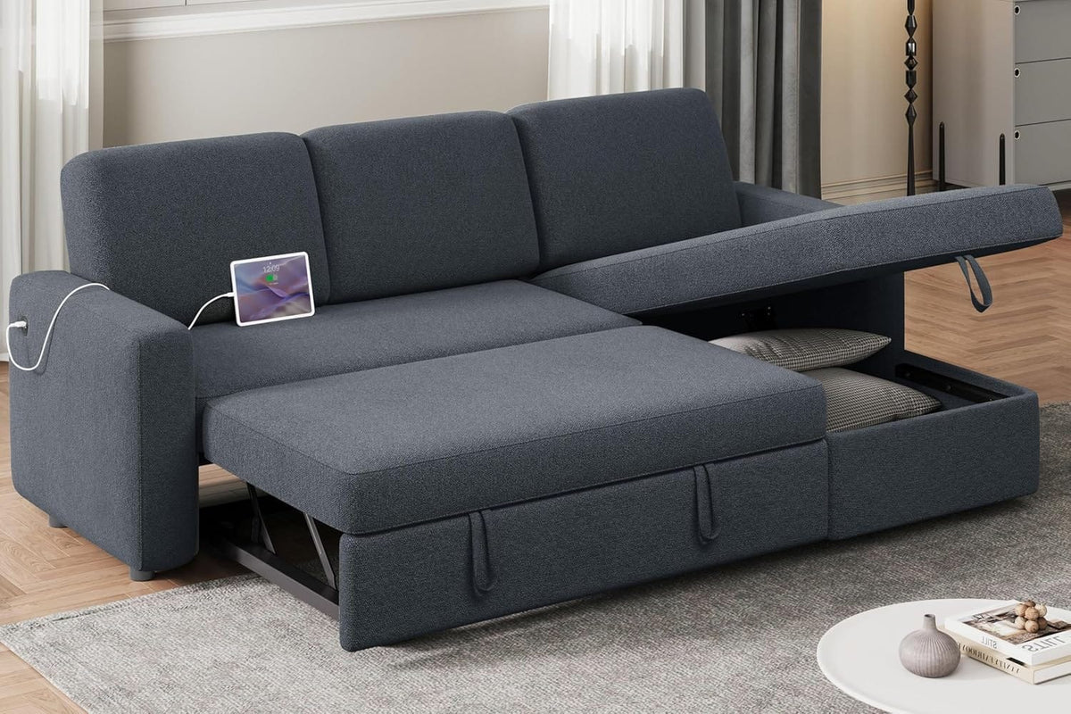 Sectional Sofa L-Shaped Sofa Couch Bed w/Chaise & USB, Reversible Couch Sleeper w/Pull Out Bed & Storage Space Living Room Black | bright&plus.