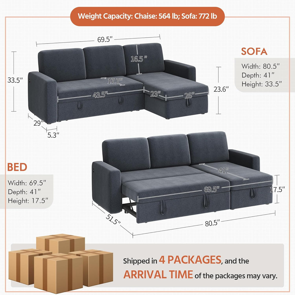 Sectional Sofa L-Shaped Sofa Couch Bed w/Chaise & USB, Reversible Couch Sleeper w/Pull Out Bed & Storage Space Living Room Black | bright&plus.