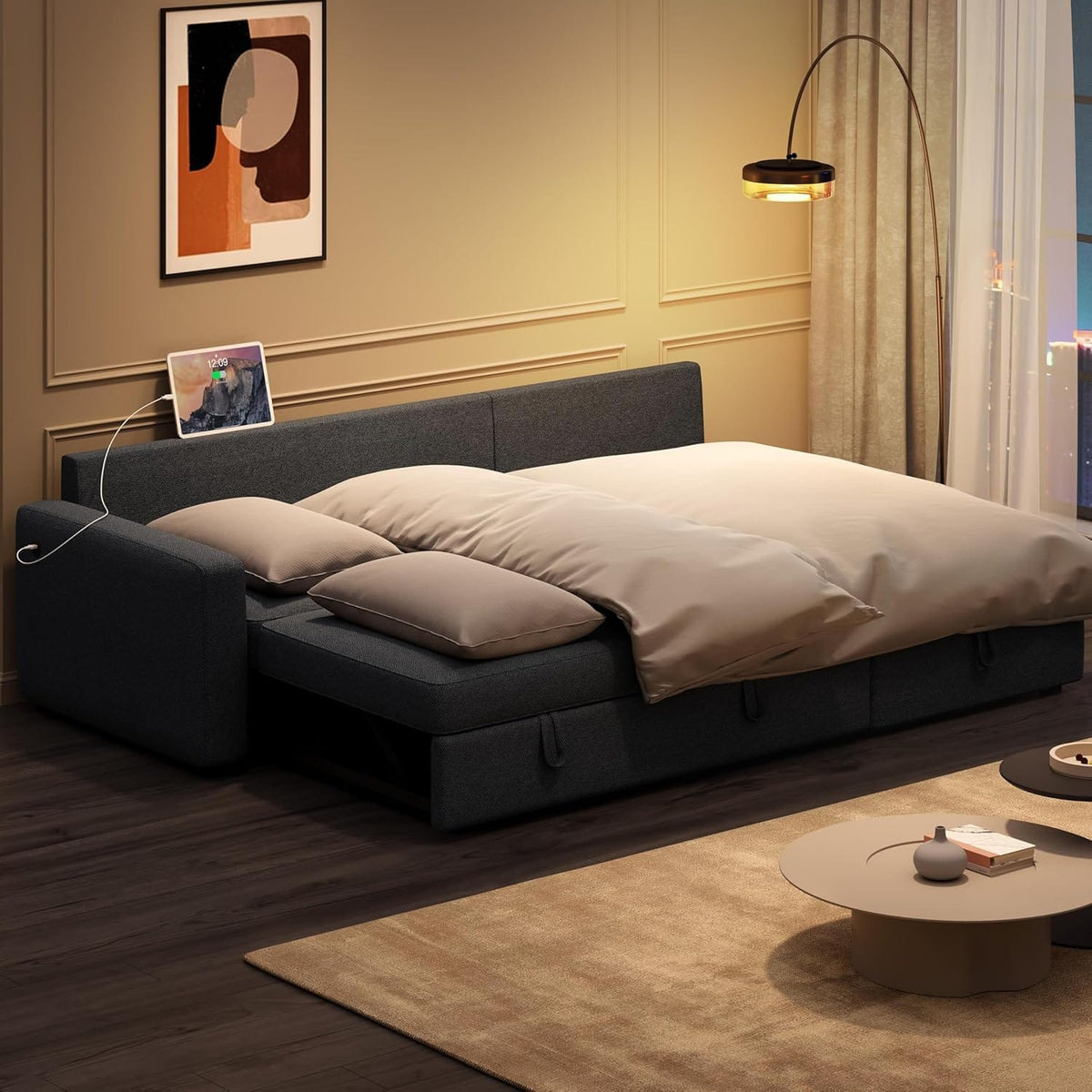 Sectional Sofa L-Shaped Sofa Couch Bed w/Chaise & USB, Reversible Couch Sleeper w/Pull Out Bed & Storage Space Living Room Black | bright&plus.