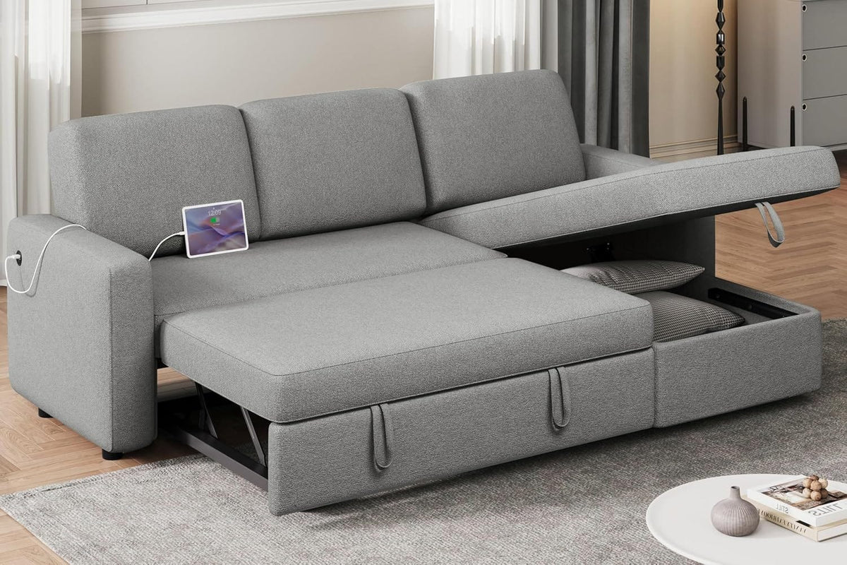 Sectional Sofa L-Shaped Sofa Couch Bed w/Chaise & USB, Reversible Couch Sleeper w/Pull Out Bed & Storage Space Living Room Black | bright&plus.