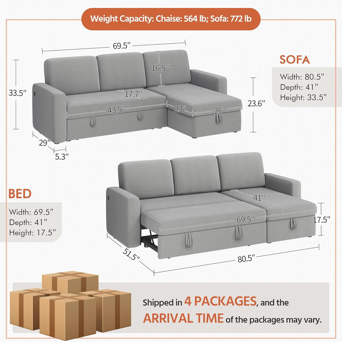 Sectional Sofa L-Shaped Sofa Couch Bed w/Chaise & USB, Reversible Couch Sleeper w/Pull Out Bed & Storage Space Living Room Black | bright&plus.