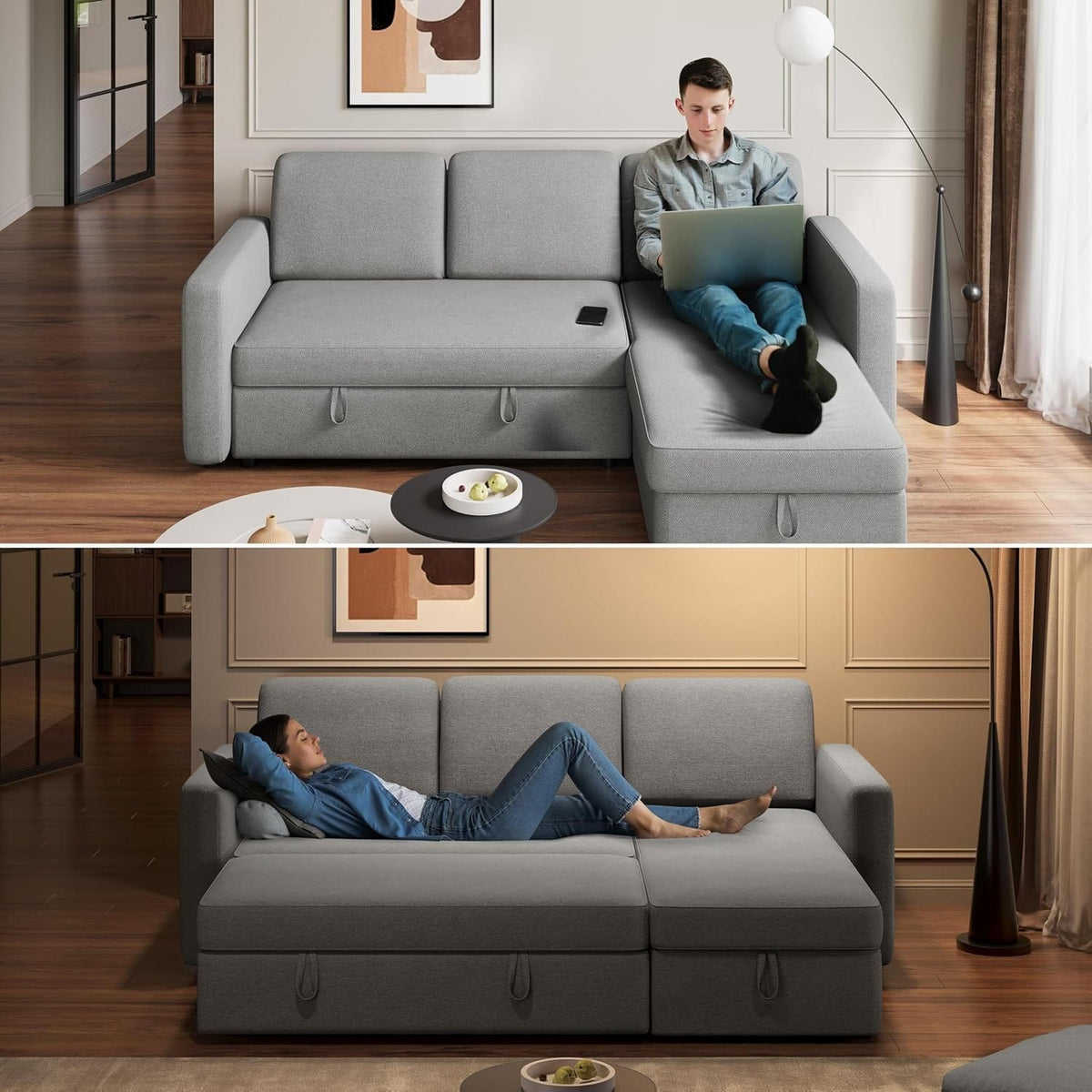 Sectional Sofa L-Shaped Sofa Couch Bed w/Chaise & USB, Reversible Couch Sleeper w/Pull Out Bed & Storage Space Living Room Black | bright&plus.