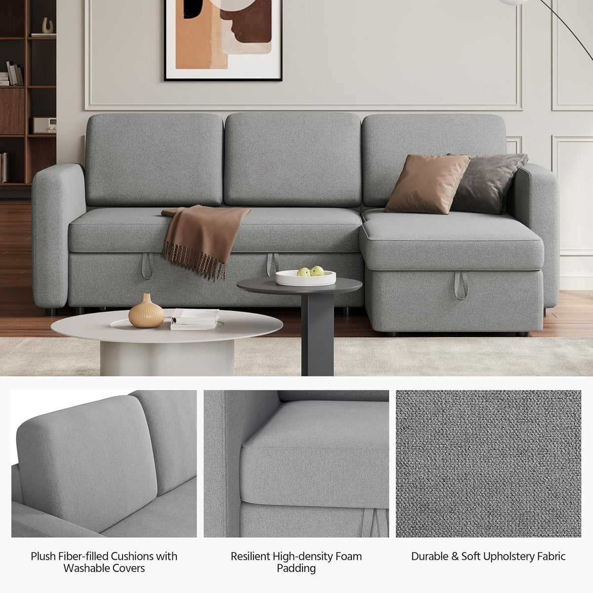 Sectional Sofa L-Shaped Sofa Couch Bed w/Chaise & USB, Reversible Couch Sleeper w/Pull Out Bed & Storage Space Living Room Black | bright&plus.