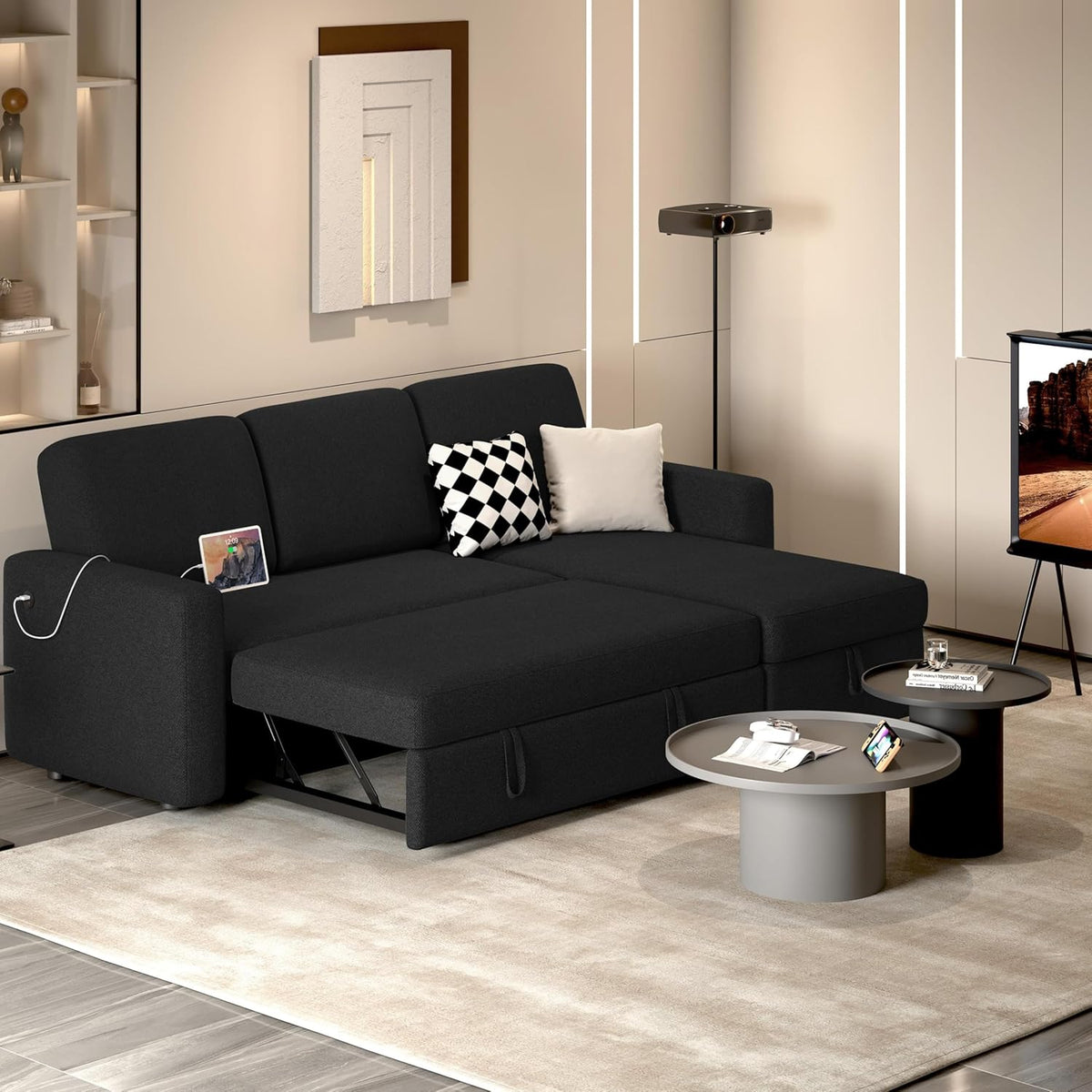 Sectional Sofa L-Shaped Sofa Couch Bed w/Chaise & USB, Reversible Couch Sleeper w/Pull Out Bed & Storage Space Living Room Black | bright&plus.