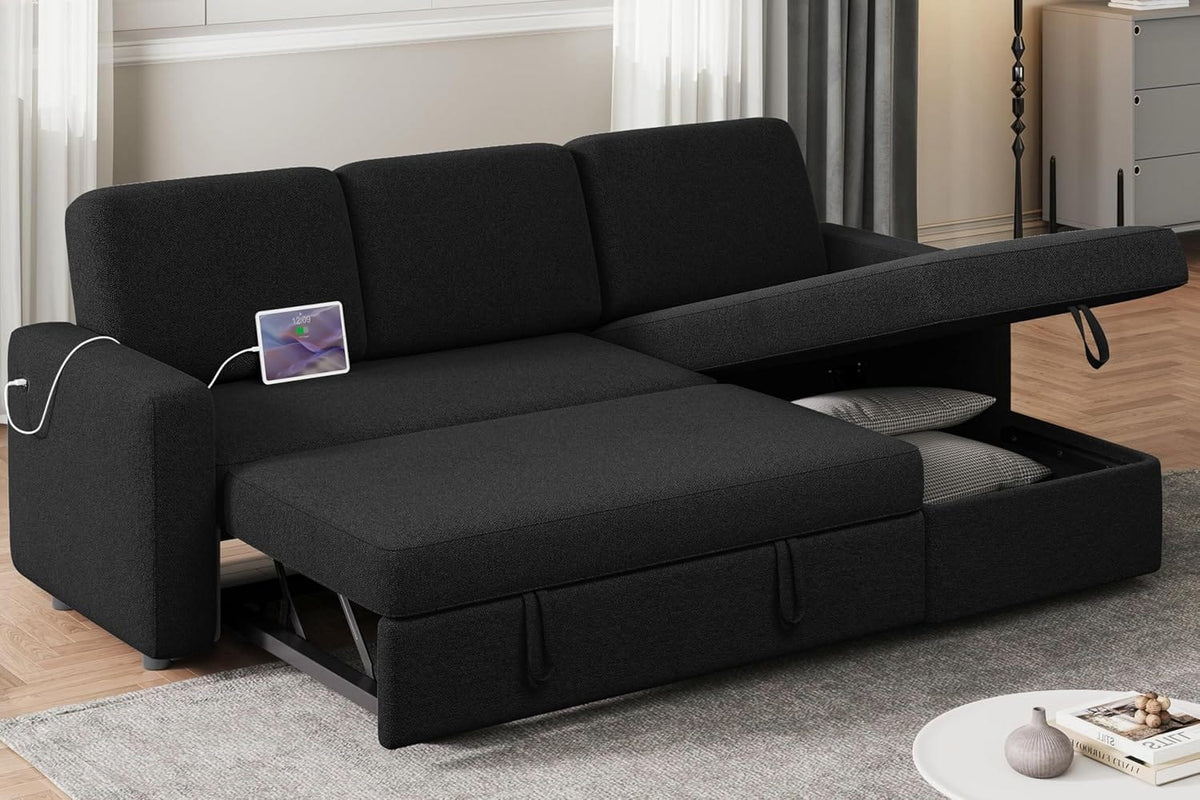 Sectional Sofa L-Shaped Sofa Couch Bed w/Chaise & USB, Reversible Couch Sleeper w/Pull Out Bed & Storage Space Living Room Black | bright&plus.