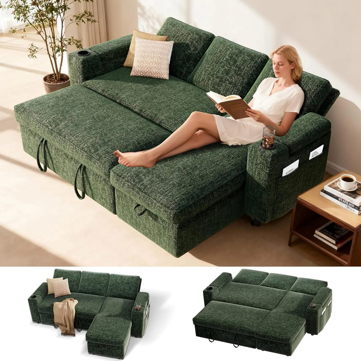 L-Shaped Sleeper Sofa with Pull-Out Bed – 82" Sectional, 5-Position Reclining Backrest, 400L Storage Chaise & Cup Holders