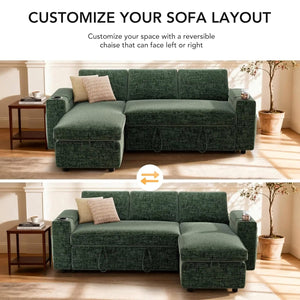 L-Shaped Sleeper Sofa with Pull-Out Bed – 82" Sectional, 5-Position Reclining Backrest, 400L Storage Chaise & Cup Holders