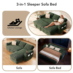 L-Shaped Sleeper Sofa with Pull-Out Bed – 82" Sectional, 5-Position Reclining Backrest, 400L Storage Chaise & Cup Holders