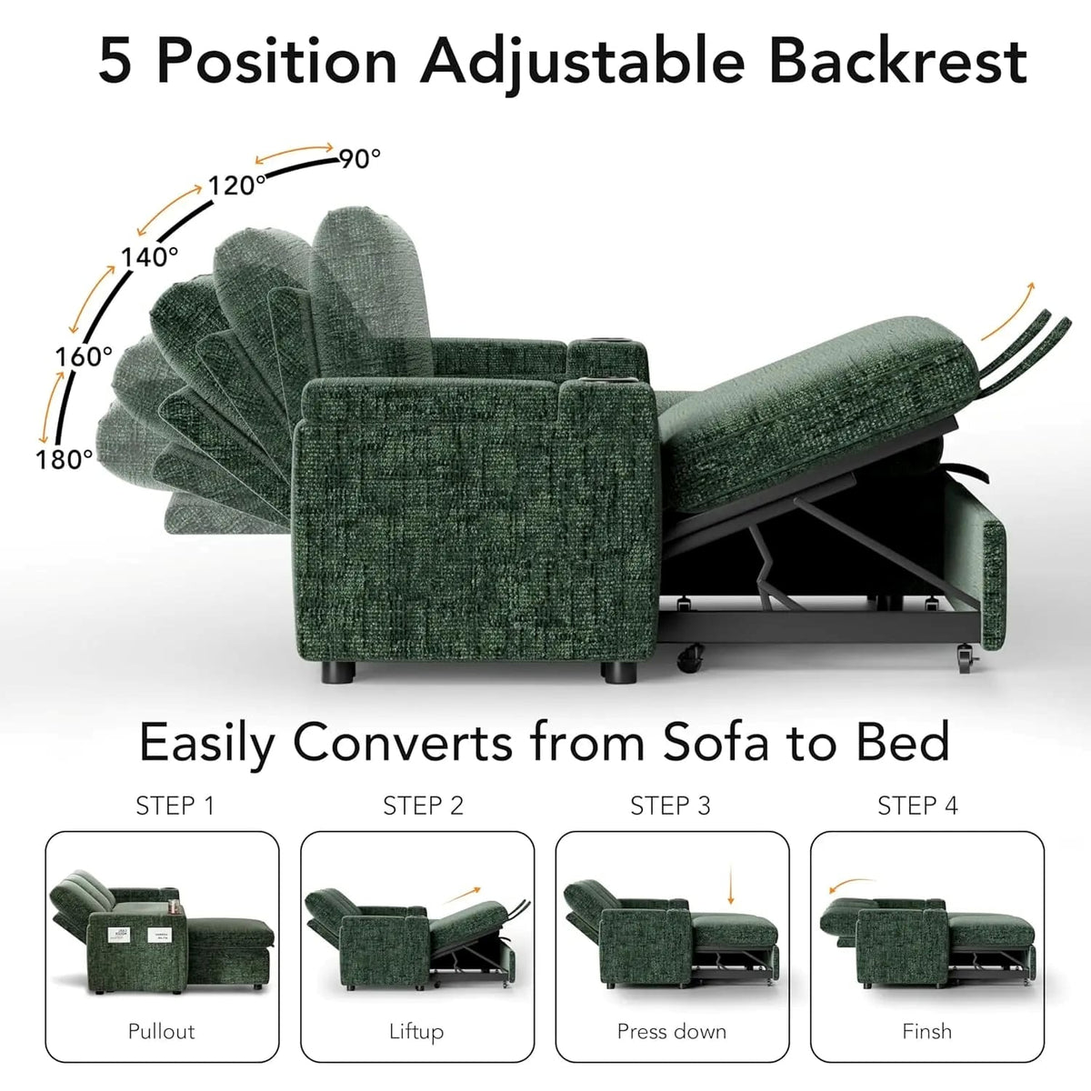 L-Shaped Sleeper Sofa with Pull-Out Bed – 82" Sectional, 5-Position Reclining Backrest, 400L Storage Chaise & Cup Holders
