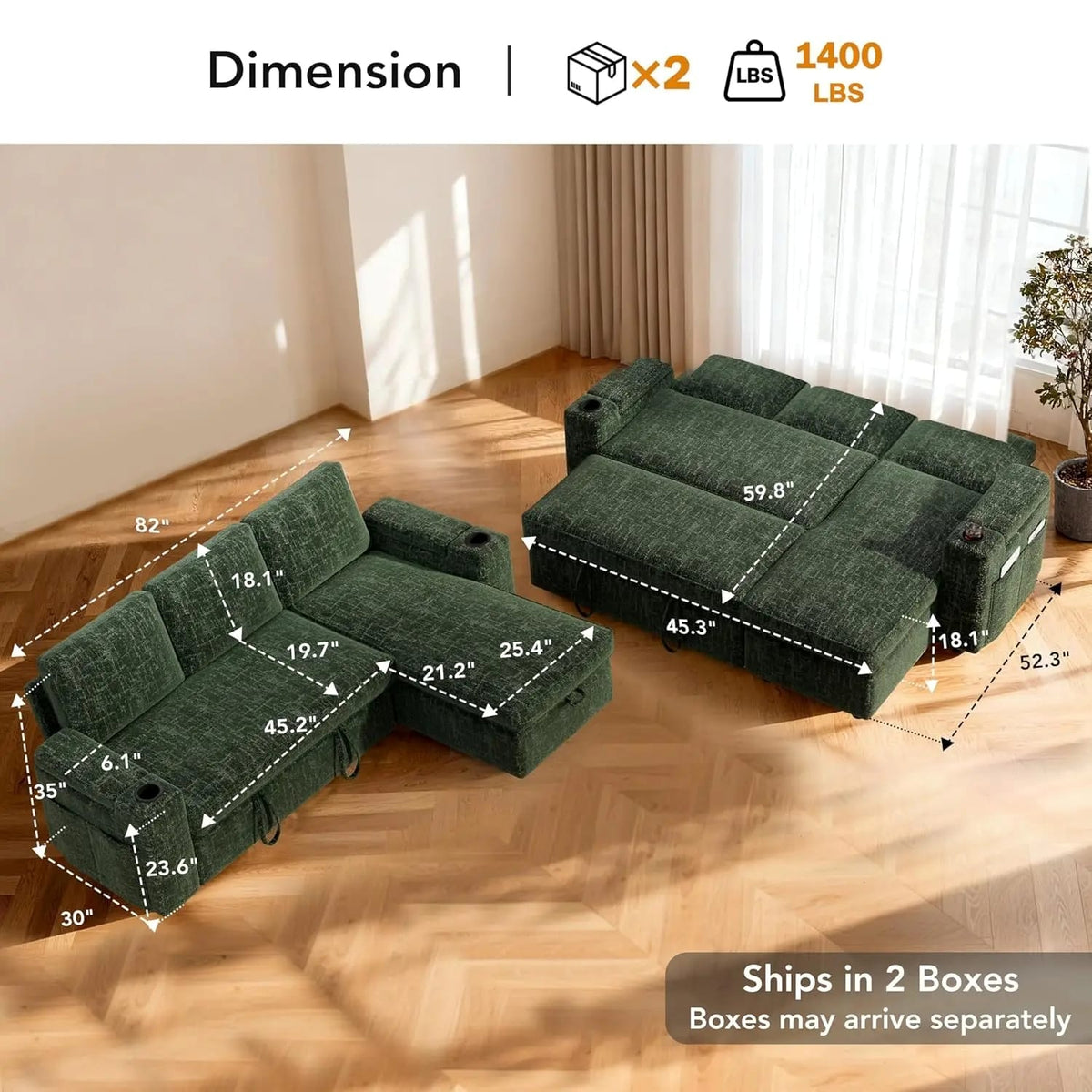 L-Shaped Sleeper Sofa with Pull-Out Bed – 82" Sectional, 5-Position Reclining Backrest, 400L Storage Chaise & Cup Holders