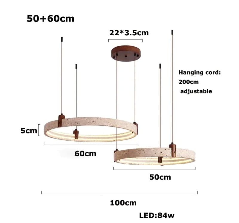 Pendant light with dimensions and specifications on a white background