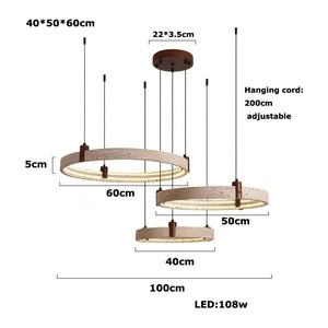 Dimensions of a pendant light with hanging cord length and LED wattage information.