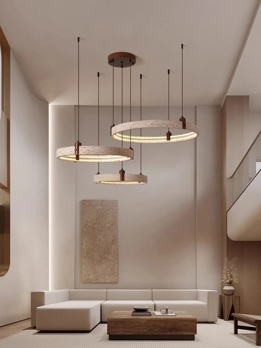 Modern living room with pendant lights and a neutral color palette