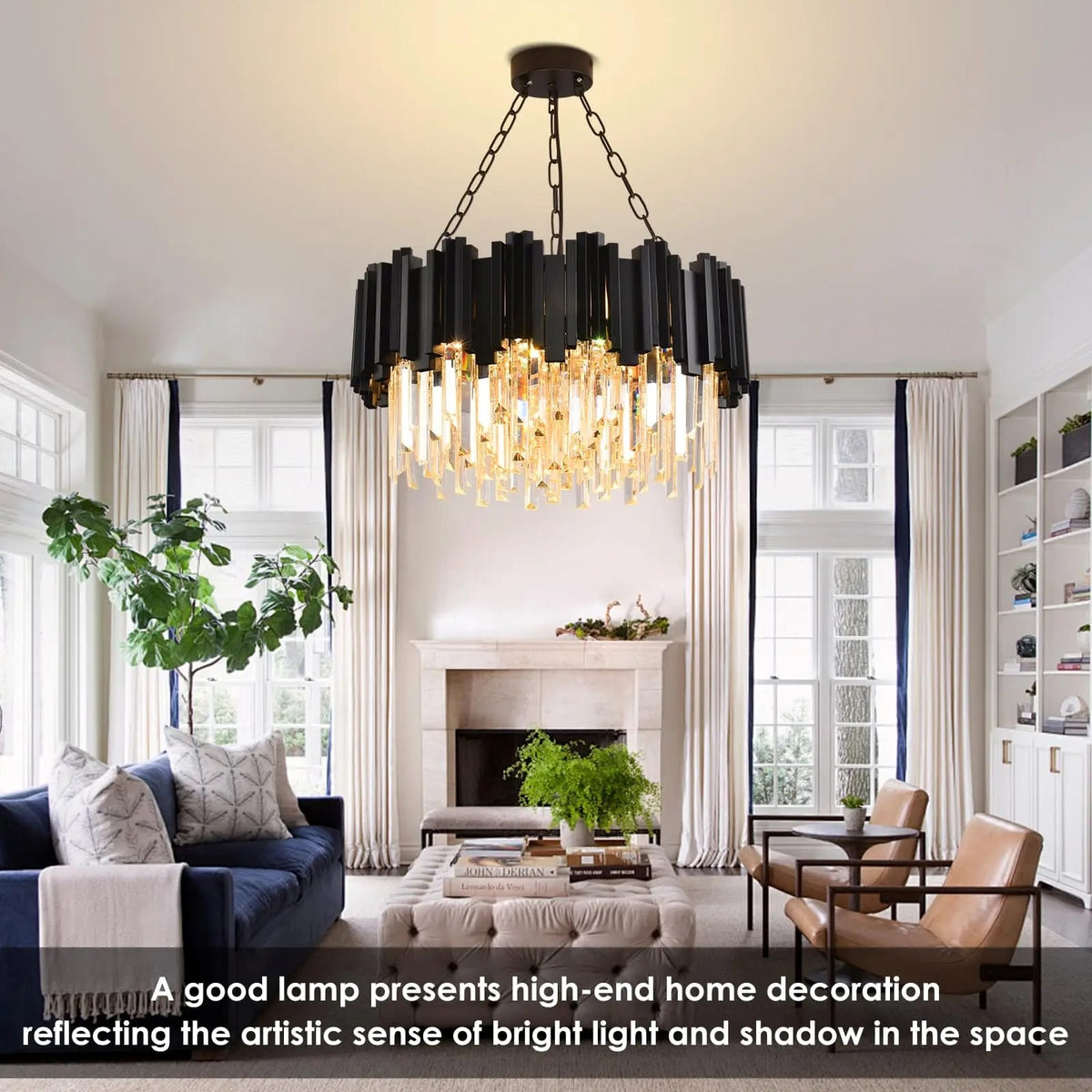 Modern Black Crystal Chandelier – Round Semi-Flush Mount K9 Crystal