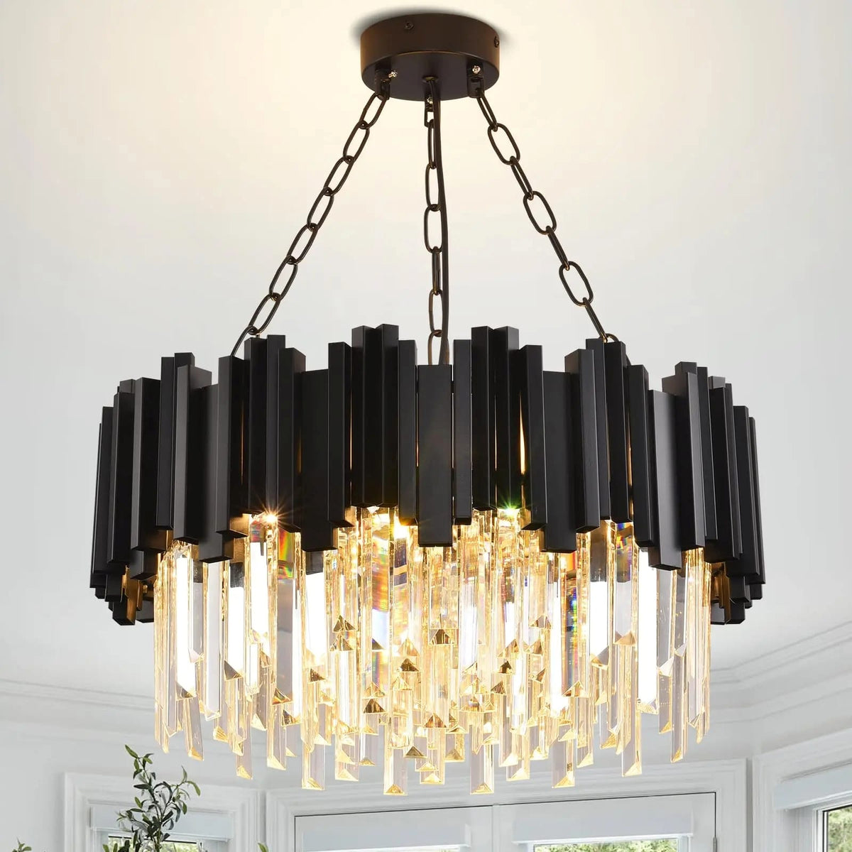 Modern Black Crystal Chandelier – Round Semi-Flush Mount K9 Crystal