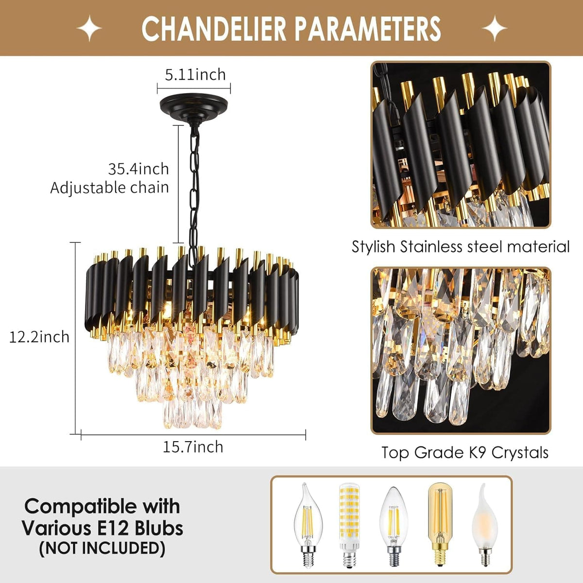 Modern Crystal Chandelier for Dining Room Black and Gold