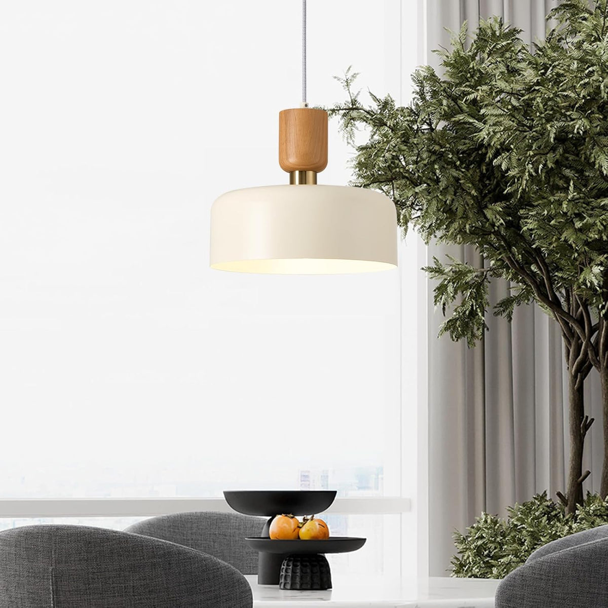 Modern Nordic Round Metal and Wood Pendant Lamp