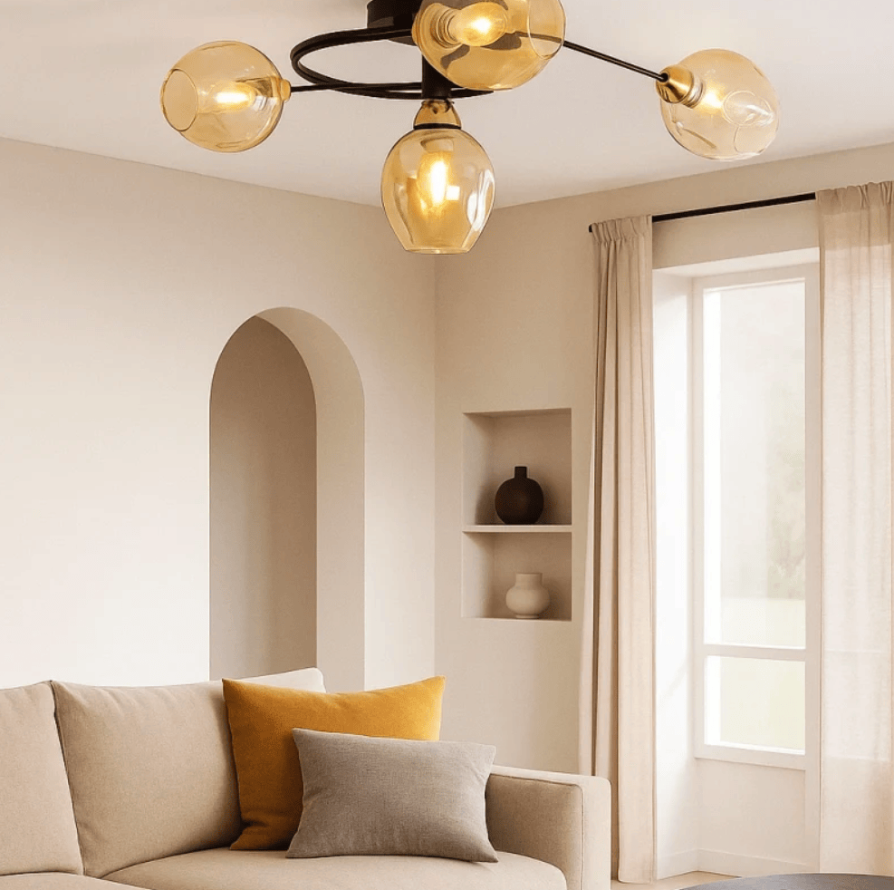 A modern multi-light ceiling fixture with five amber-tinted glass globes and a black metal frame, installed in a warm, minimalist living room with a beige sofa and window.