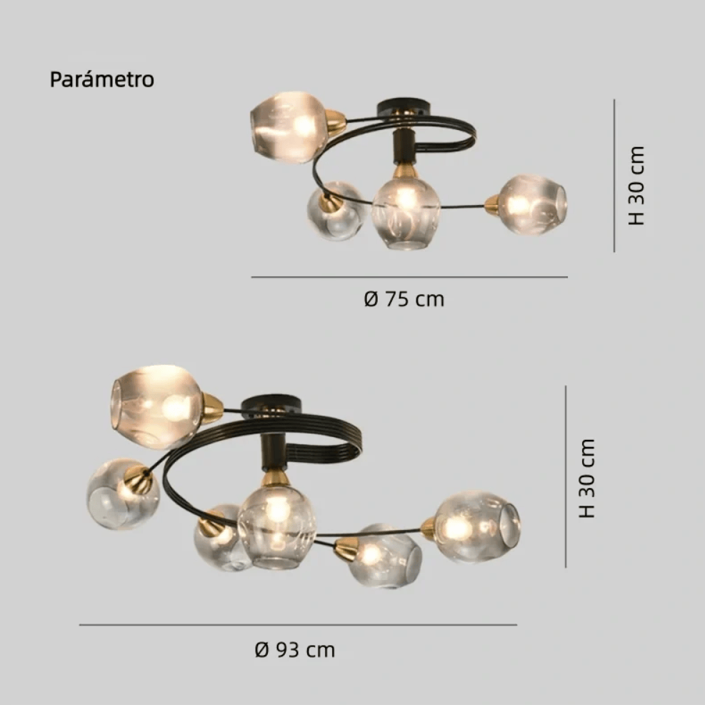 Two views of a modern multi-arm pendant light fixture with clear faceted glass globes and black curved arms with brass accents, shown with dimension labels: top view labeled 75 cm diameter and 30 cm height, bottom view labeled 93 cm diameter and 30 cm height, on a light gray background.