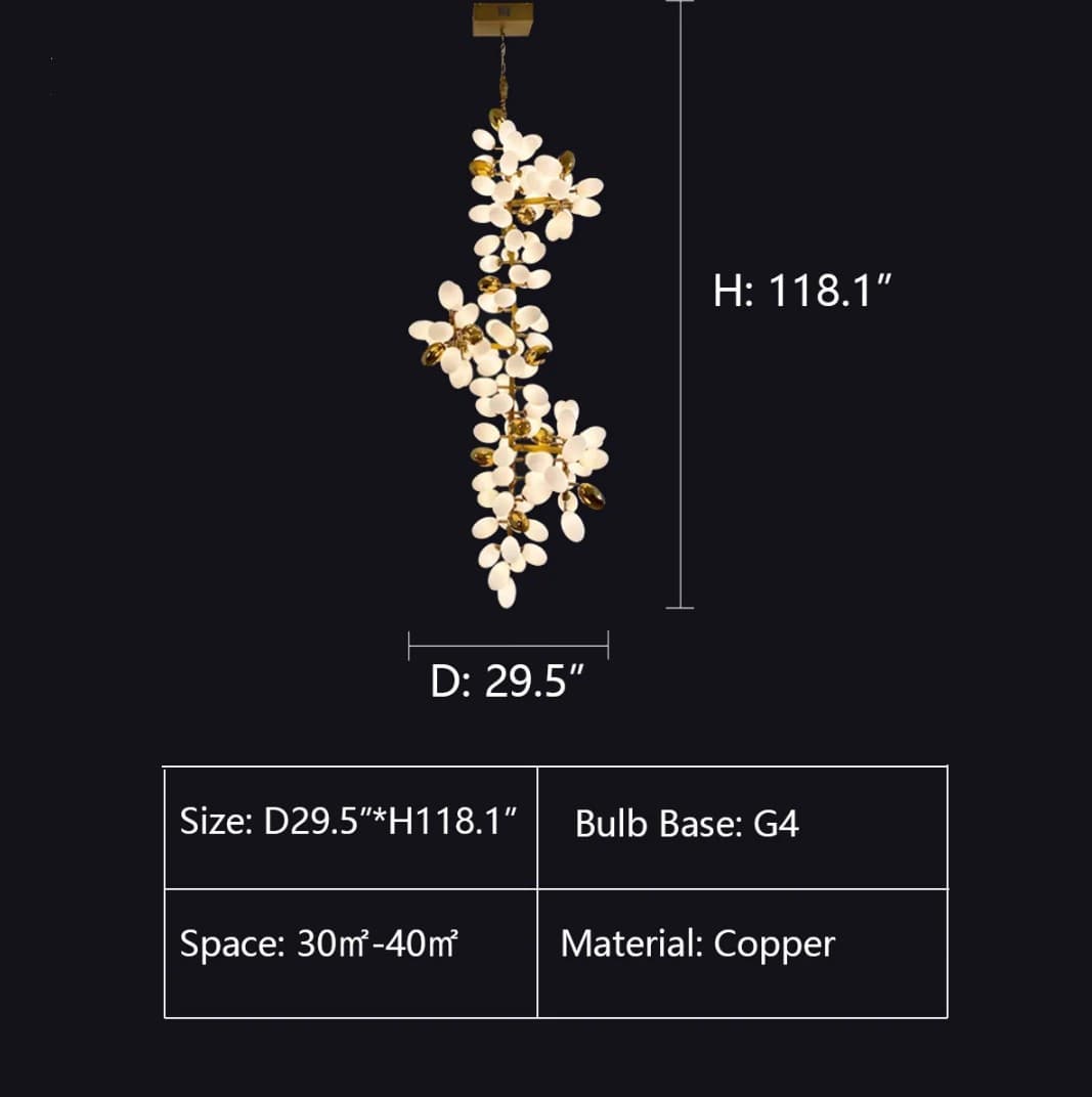 A hanging floral chandelier with white flower-shaped bulbs and gold-toned copper accents, shown on a black background with dimension lines and size information including H: 118.1", D: 29.