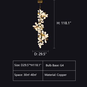 A hanging floral chandelier with white flower-shaped bulbs and gold-toned copper accents, shown on a black background with dimension lines and size information including H: 118.1", D: 29.