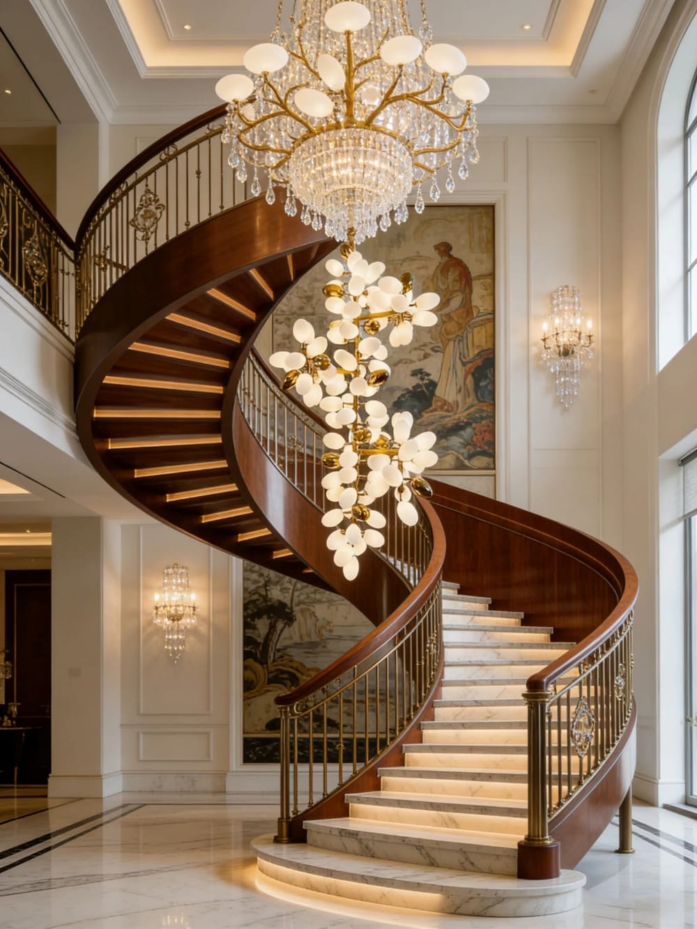 Luxurious staircase with chandeliers in a grand hallway