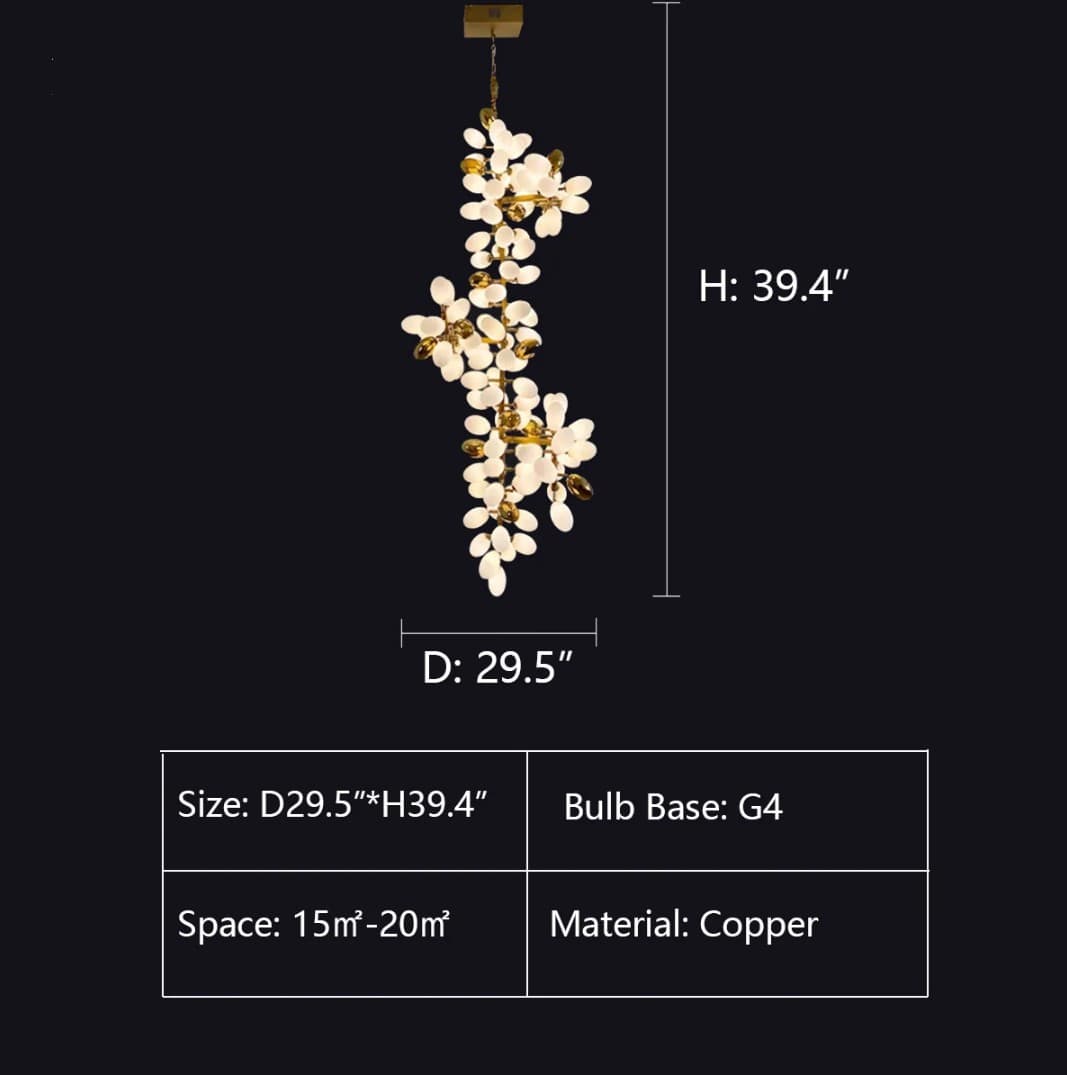 A hanging floral chandelier with white flower-shaped bulbs and gold-toned copper accents, shown on a black background with dimension lines and text indicating size 29.5" x 39.