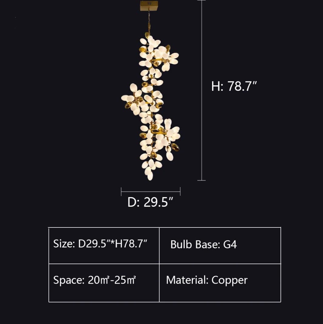 Chandelier with dimensions and specifications on a black background