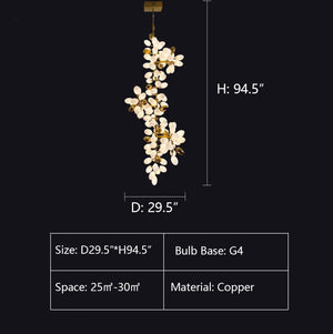 Chandelier with dimensions and specifications on a black background