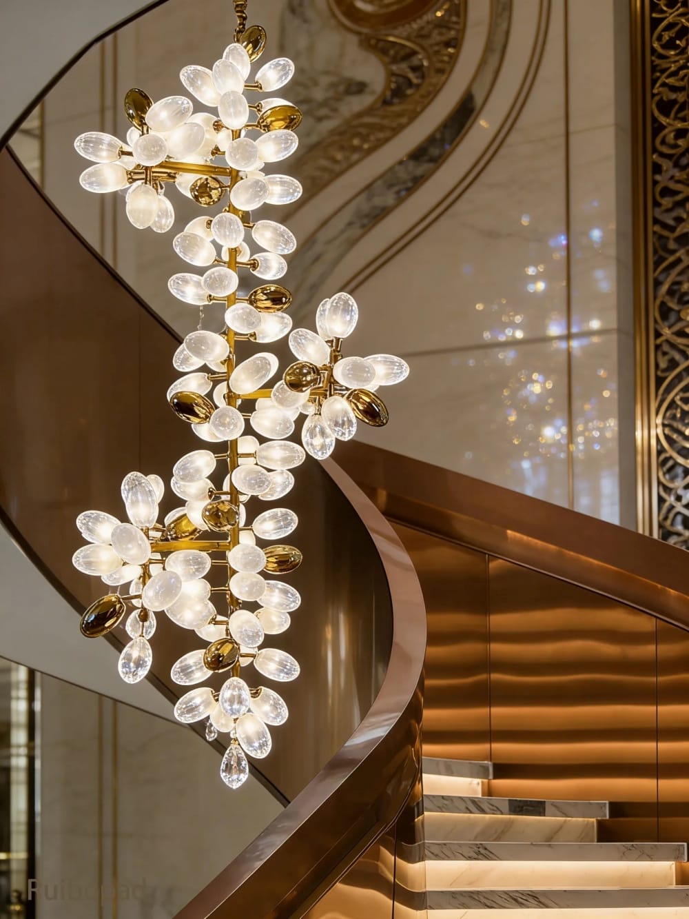 A luxury chandelier with a gold-tone metal frame and clear glass flower-like bulbs, hanging in front of a modern curved staircase with warm lighting.