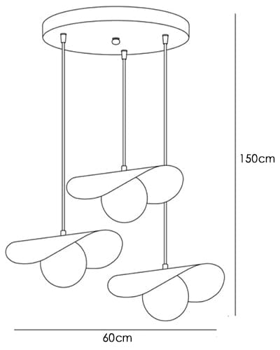 Black and white line drawing of a modern three-light wind chime pendant fixture, showing dimensions of 150cm height and 60cm width.