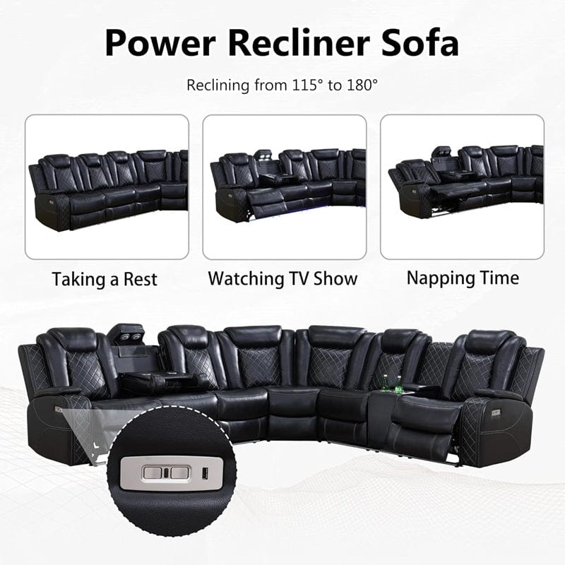 Power Reclining Leather Sectional Sofa with LED