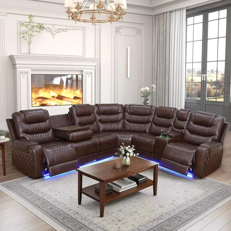 Power Reclining Leather Sectional Sofa with LED